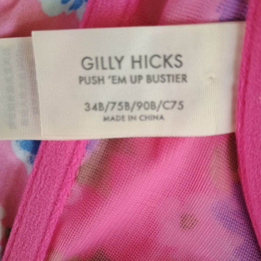 Gilly Hicks Push 'Em Up Bustier Bra Lace Trim Pink Blue Floral Lingerie Size 34B - Picture 5 of 6